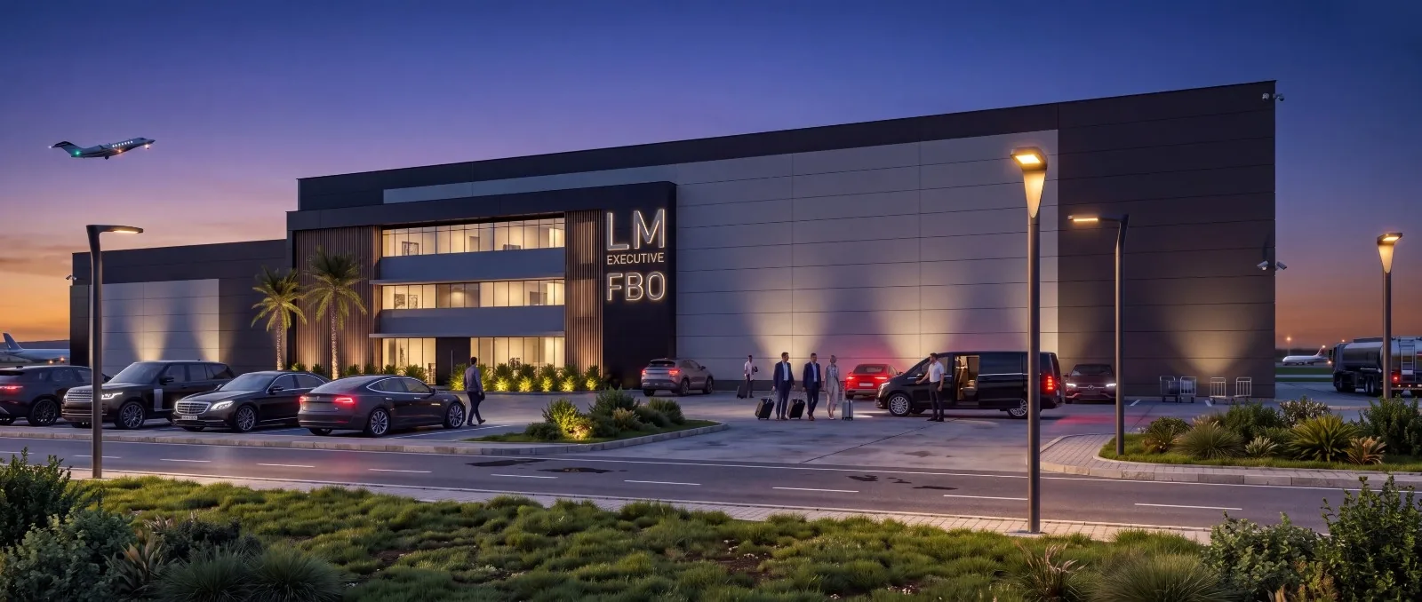 Rendering of the LM Executive FBO entrance at night