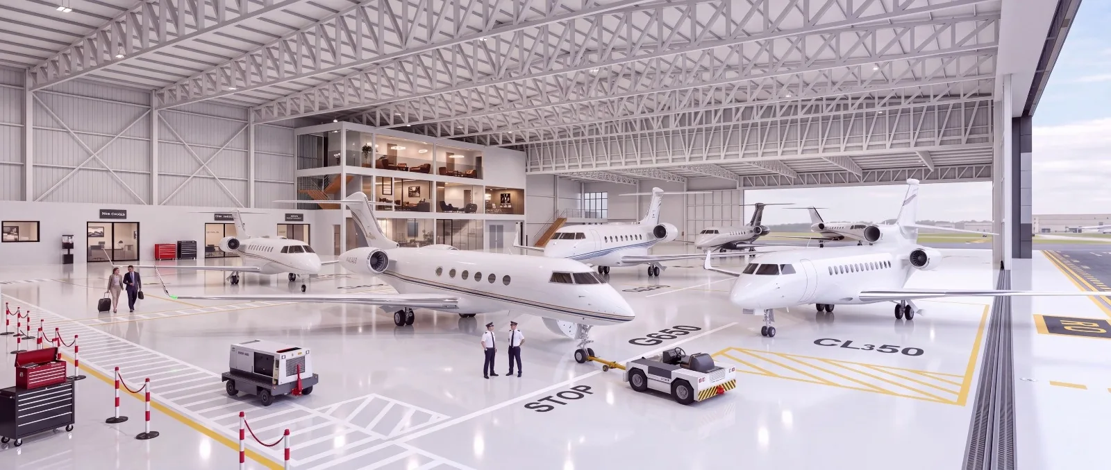 Rendering of the hangar interior with business jets