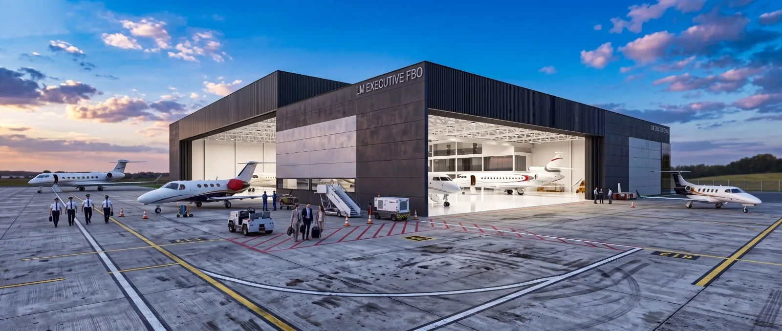 Rendering of the hangar with doors open at dusk