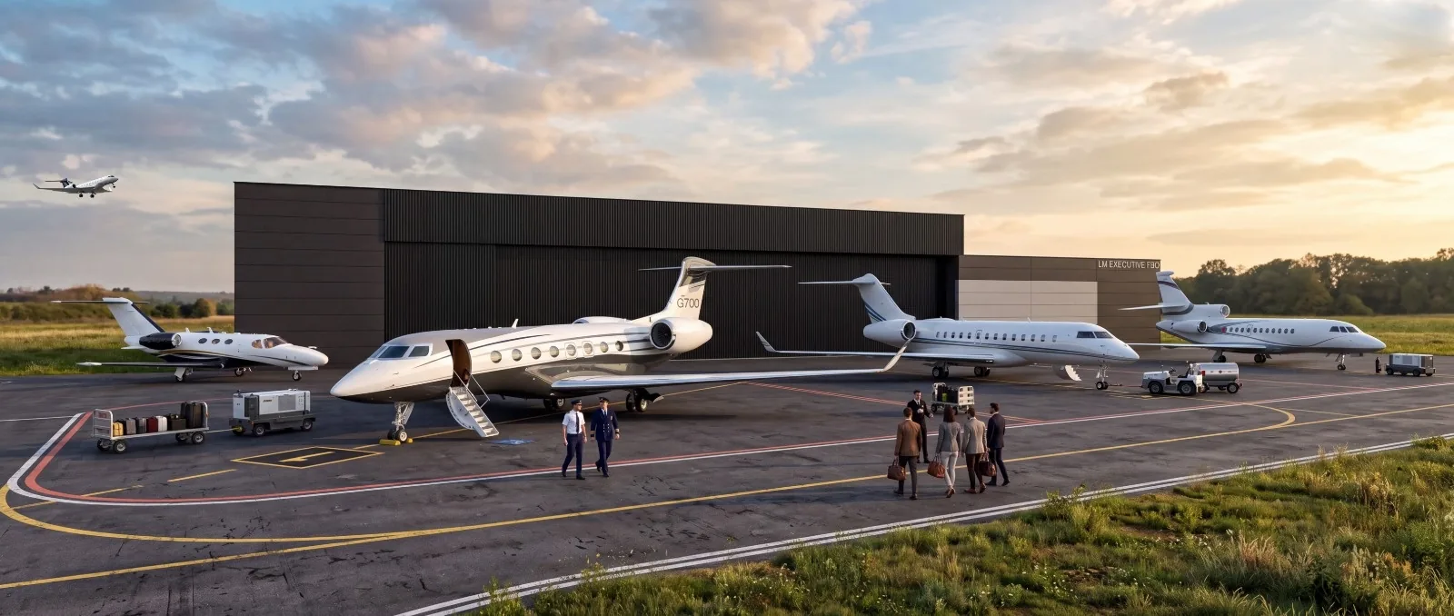 Rendering of the ramp with business jets at sunset