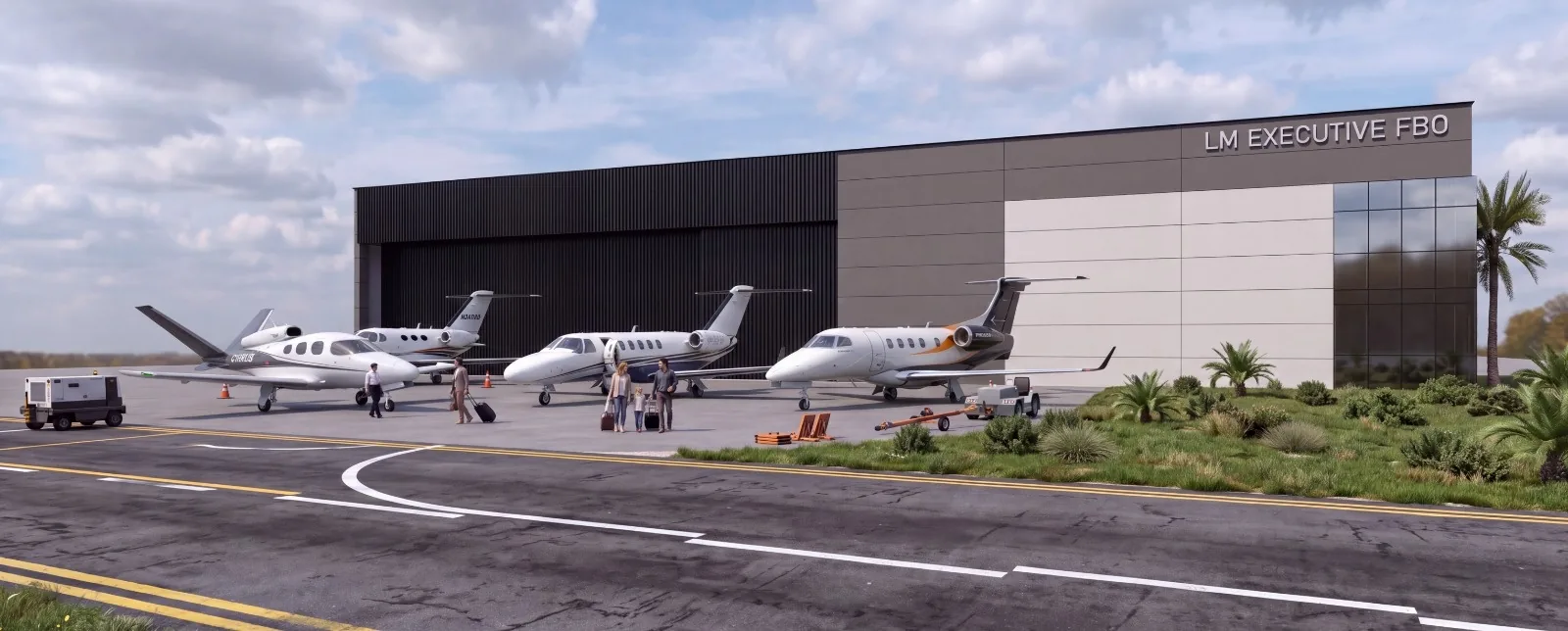 Rendering of light jets parked in front of the LM Executive FBO building